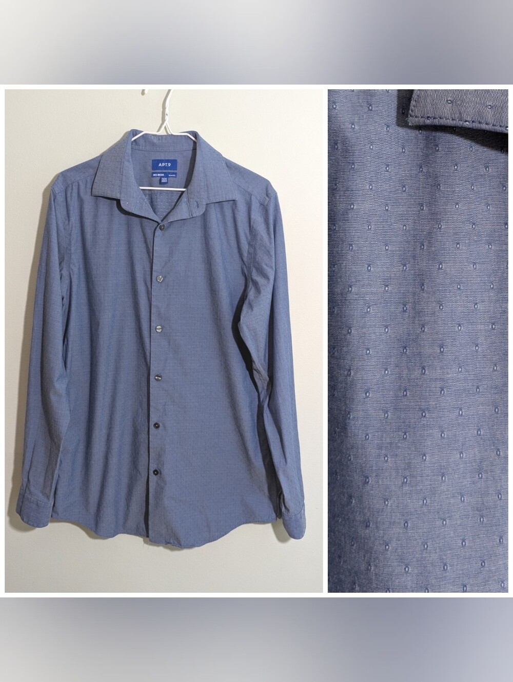 Apt 9 Button Up Shirt Mens Medium Slim Fit Blue Dotted Texture Long Sleeve